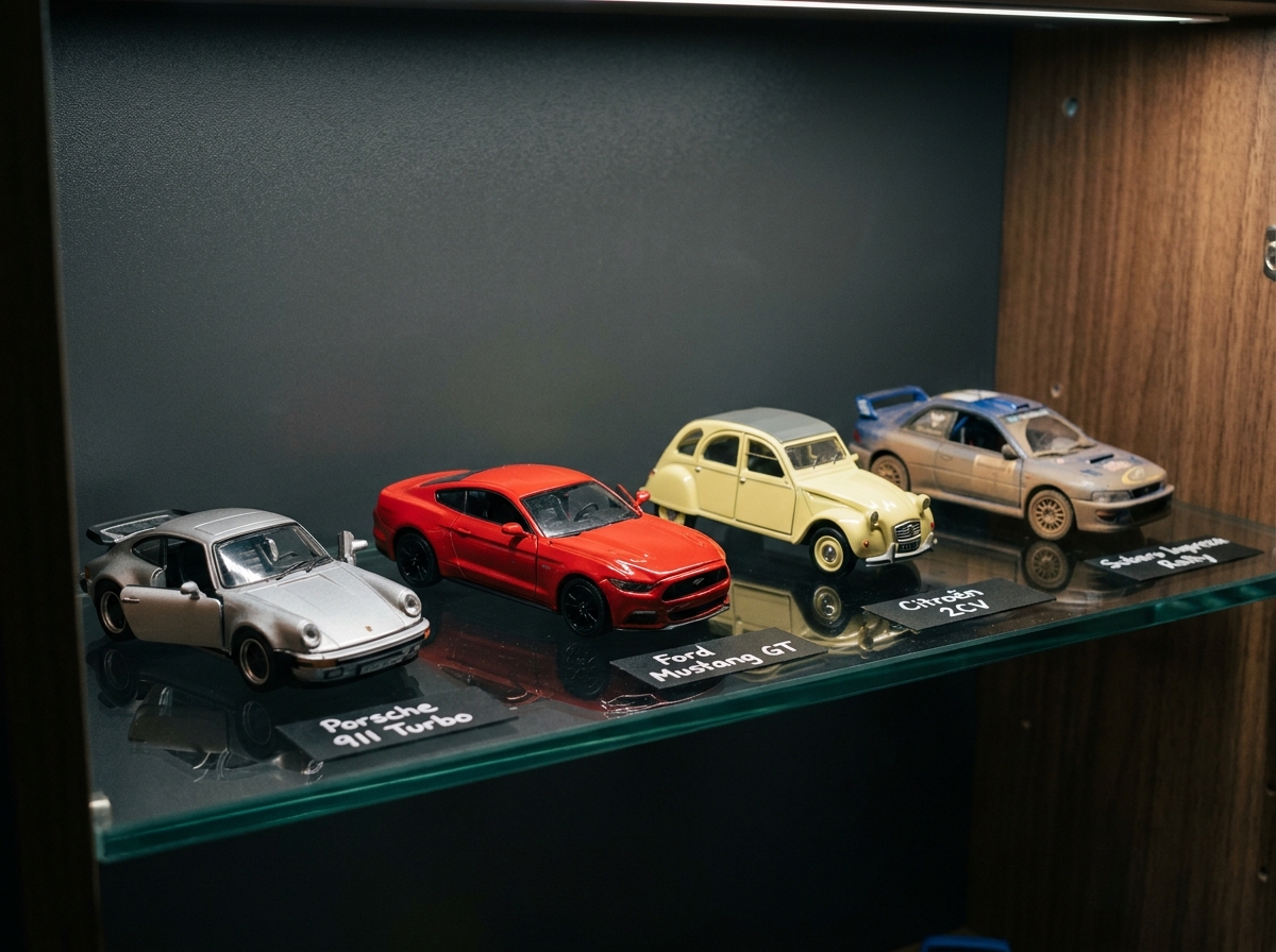 Gros plan sur des voitures miniatures de collection disposées sur une étagère en verre avec étiquettes descriptives, incluant Porsche, Mustang et Citroën vintage