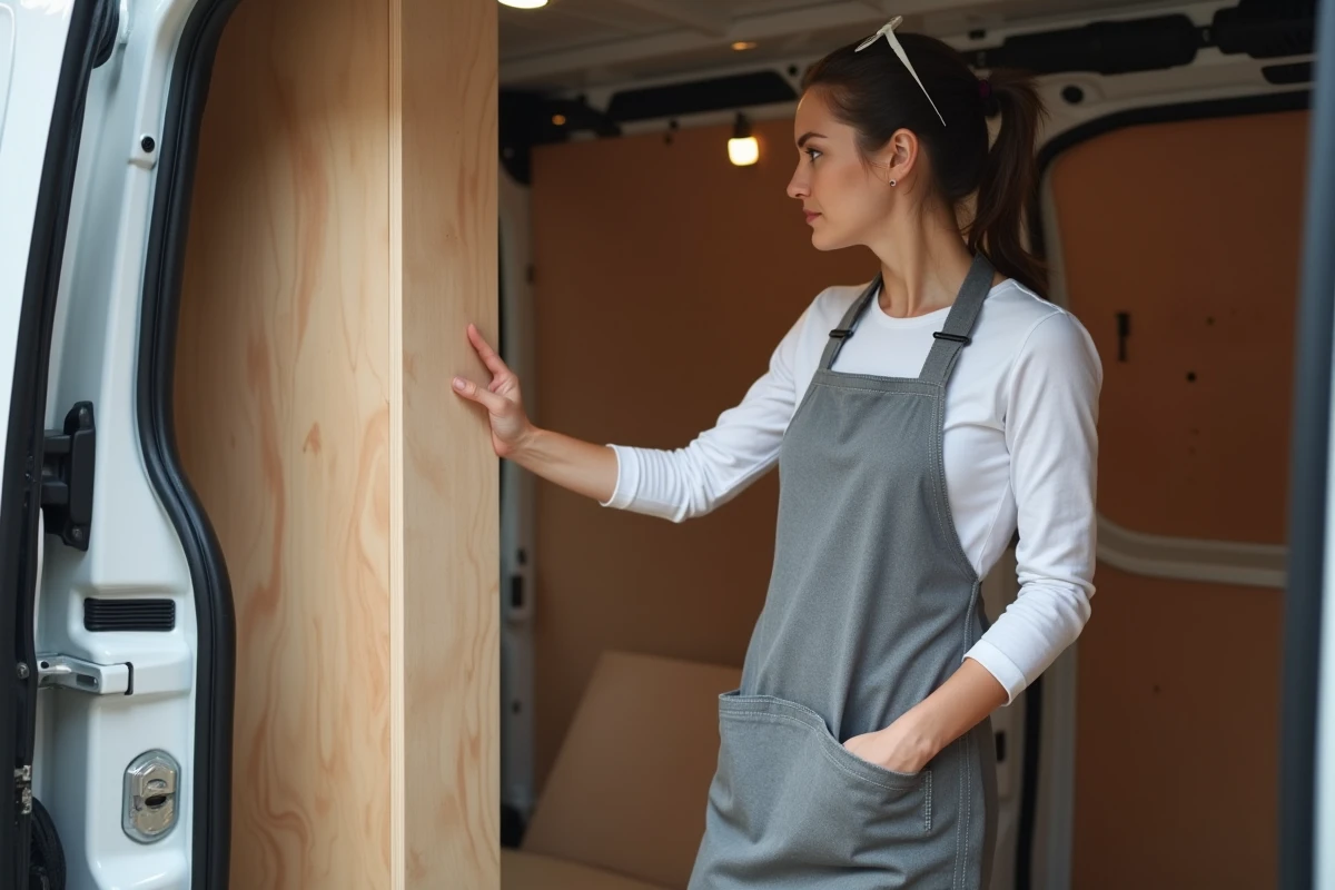 Femme artisan testant l'ajustement d'un panneau de contreplaqué bouleau sur la paroi latérale d'un Trafic 2 L1H1 dans un atelier d'aménagement