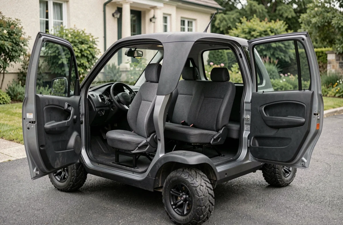 Vue extérieure de l'habitacle complet d'une voiture sans permis 4 places avec toutes les portes ouvertes montrant les quatre sièges