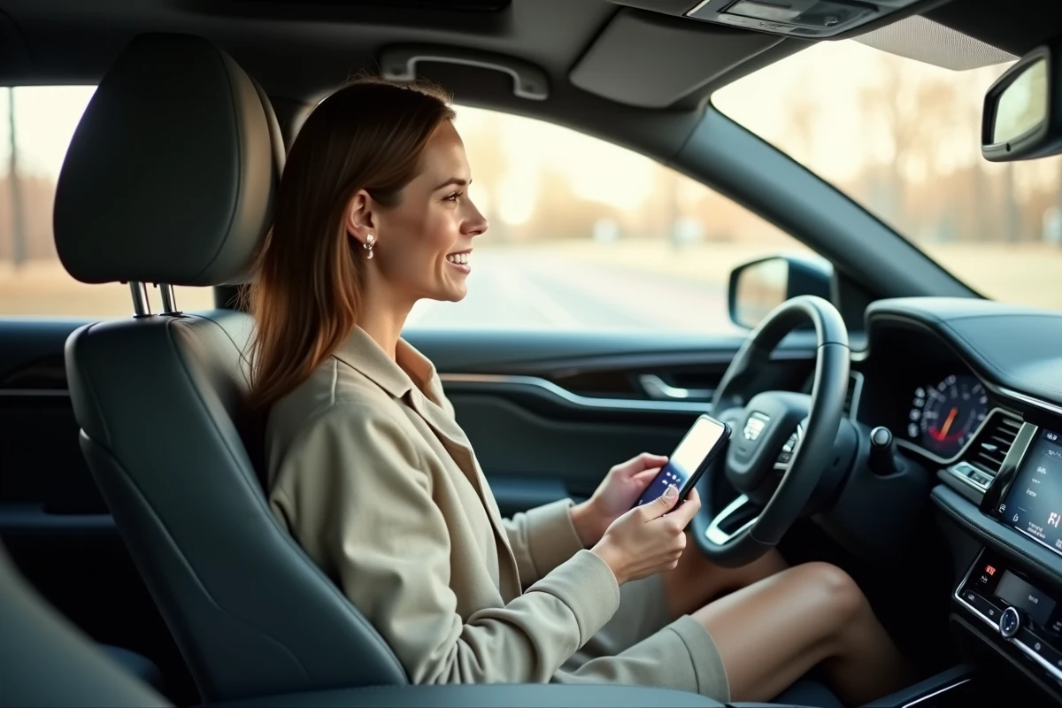 Femme écoutant de la musique dans l'habitacle d'un SUV moderne avec interface audio sur écran tactile