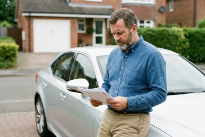 Homme d'affaires examine des documents près de sa voiture