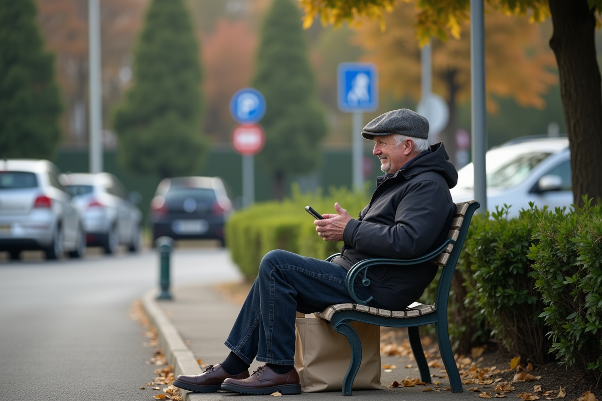 Homme âgé sur un banc vérifiant son téléphone à Colmar
