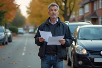 Homme d'âge moyen avec documents d'assurance devant sa voiture
