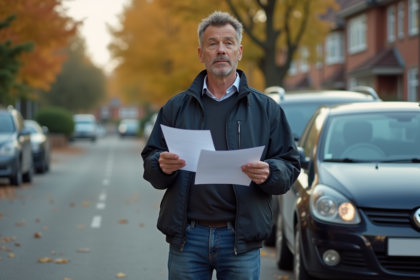 Homme d'âge moyen avec documents d'assurance devant sa voiture