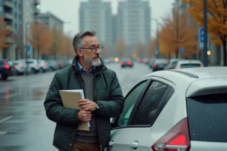Homme d'âge moyen devant une voiture en ville pluvieuse