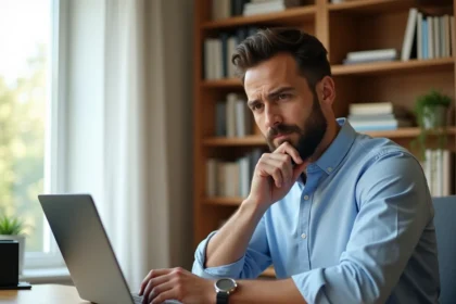 Homme consultant des avis clients sur un site d'achat de voiture occasion depuis son ordinateur portable