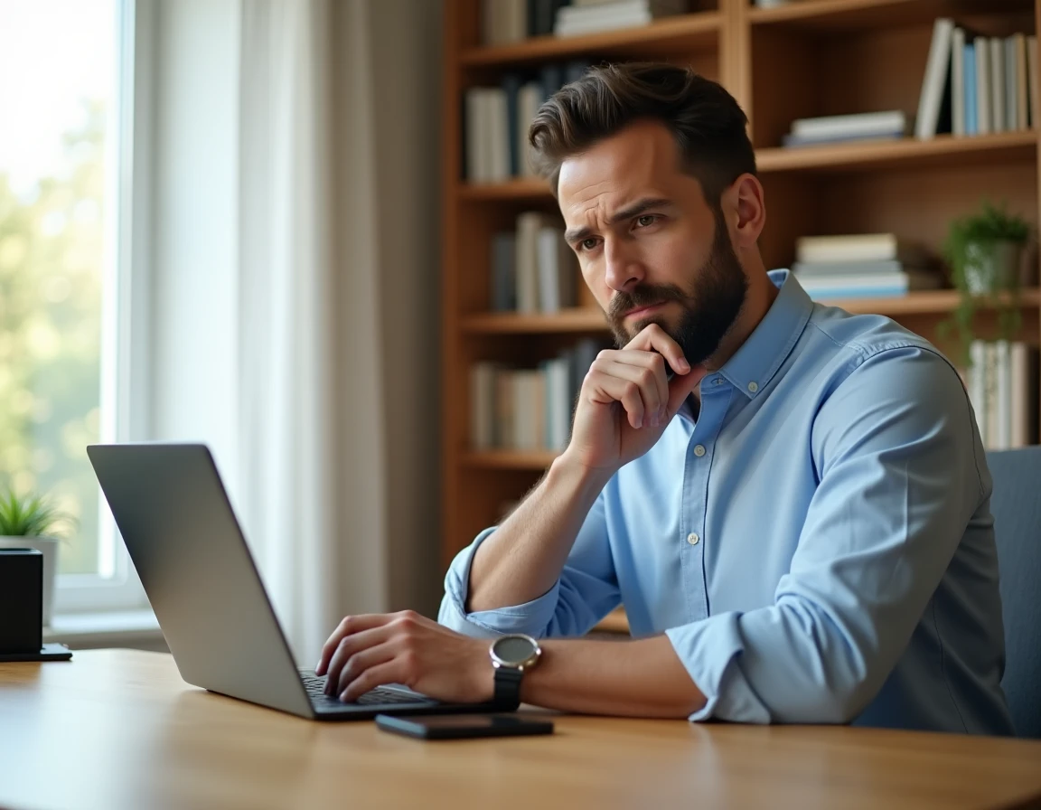 Homme consultant des avis clients sur un site d'achat de voiture occasion depuis son ordinateur portable
