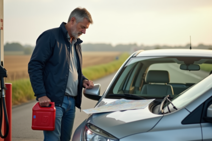 Homme en jeans et veste regardant une carte près d'une voiture dans la campagne