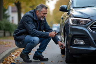 Homme moyenâge en jeans change sa plaque d'immatriculation