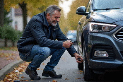 Homme moyenâge en jeans change sa plaque d'immatriculation