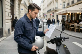 Jeune homme comparant des offres d'assurance scooter 125cc sur un trottoir urbain