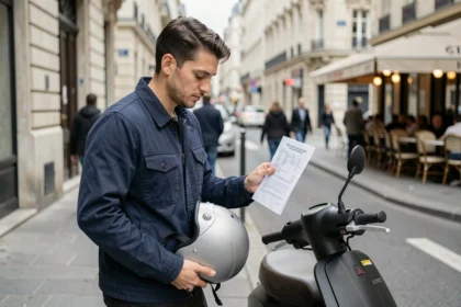 Jeune homme comparant des offres d'assurance scooter 125cc sur un trottoir urbain