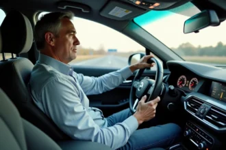 Homme d'âge moyen au volant d'une voiture moderne en intérieur