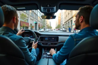 Homme au volant d'un SUV dans une ville moderne