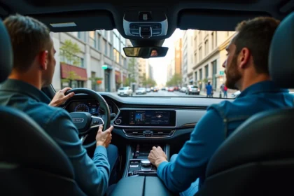 Homme au volant d'un SUV dans une ville moderne