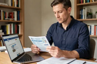 Homme consultant un document officiel de permis de conduire à son bureau pour récupérer des points de permis