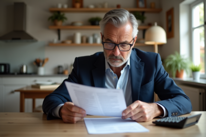 Homme d'âge moyen étudiant des documents d'assurance auto à la maison