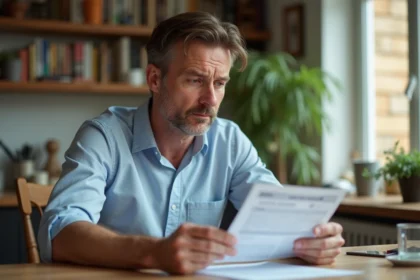 Homme d'âge moyen tenant un document de voiture dans une cuisine chaleureuse