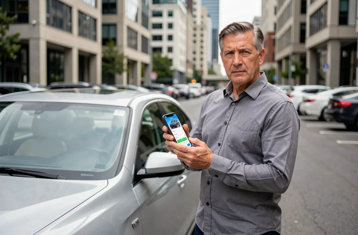 Homme comparant des devis d'assurance auto sur smartphone à côté de sa voiture