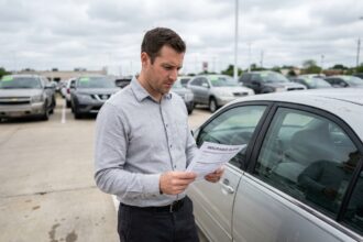 Homme examinant un devis d'assurance auto à côté d'une voiture d'occasion dans un lot de concessionnaire