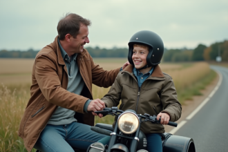 Homme et jeune fille en moto dans la campagne française