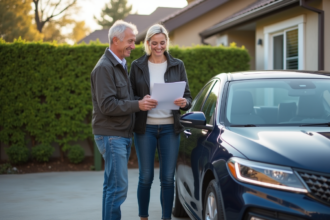 Homme et femme souriants devant une voiture moderne