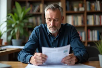 Homme lisant son permis de conduire avec le code 79 à son bureau à domicile