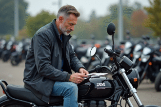 Homme moyenâgeux examine une moto Dax dans un concessionnaire