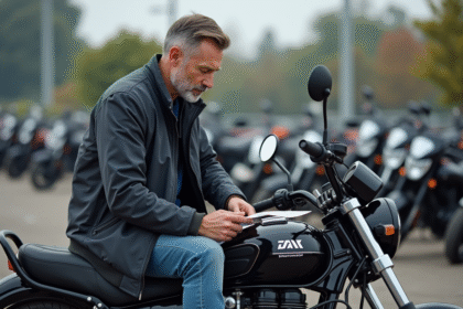 Homme moyenâgeux examine une moto Dax dans un concessionnaire