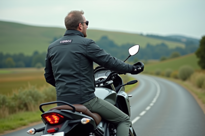 Homme en blouson moto sur une route de campagne
