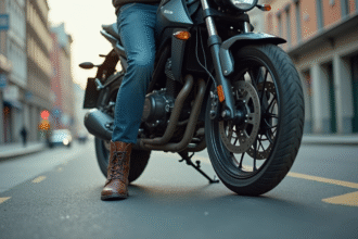 Jeune homme en moto urbaine en arrêt sur la route