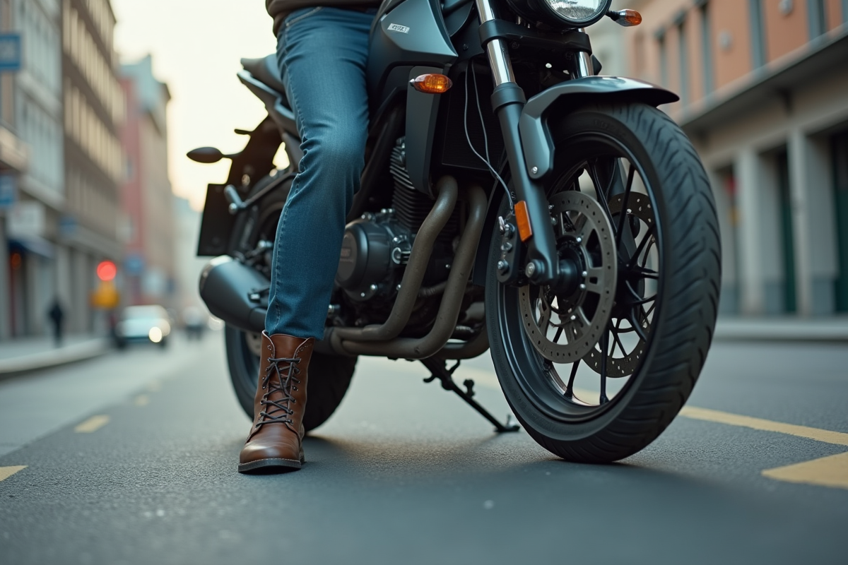 Jeune homme en moto urbaine en arrêt sur la route