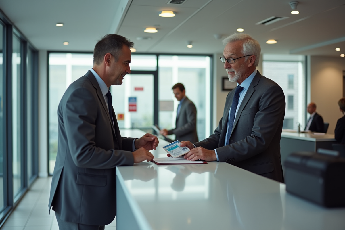 Homme présentant son permis de conduire à un agent en préfecture