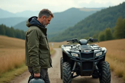 Homme en plein air examinant un quad robuste dans la nature