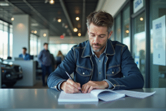 Homme remplissant papiers de voiture dans un bureau moderne