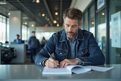 Homme remplissant papiers de voiture dans un bureau moderne