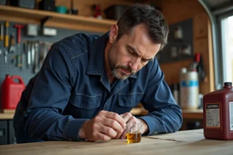 Homme concentré versant de l'huile dans un atelier organisé