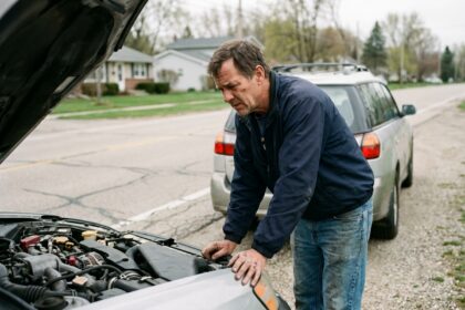 Homme d'âge moyen examine le moteur de sa voiture sur le bord de la route
