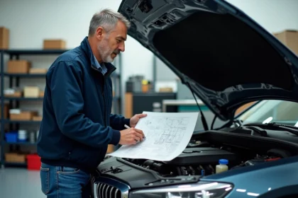 Homme en jeans et veste bleue vérifiant un moteur de voiture dans un garage
