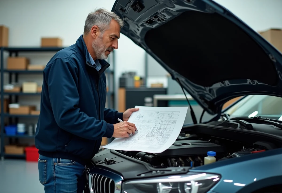 Homme en jeans et veste bleue vérifiant un moteur de voiture dans un garage