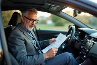 Homme d'âge moyen dans une voiture moderne en train de lire des documents