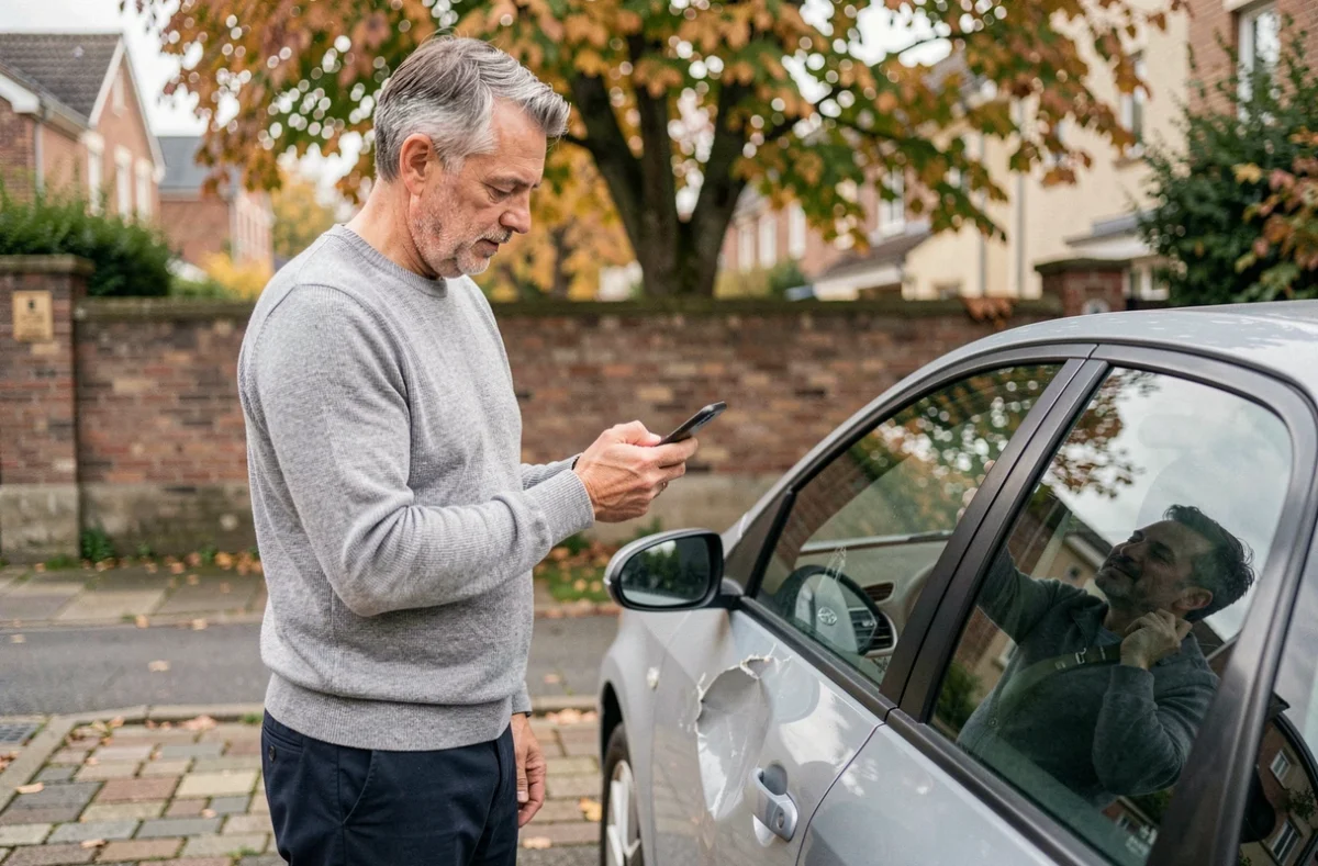 Homme photographiant les dégâts de sa voiture pour déclarer un sinistre auprès de son assurance