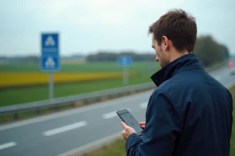 Homme d'âge moyen regardant son smartphone sur l'autoroute
