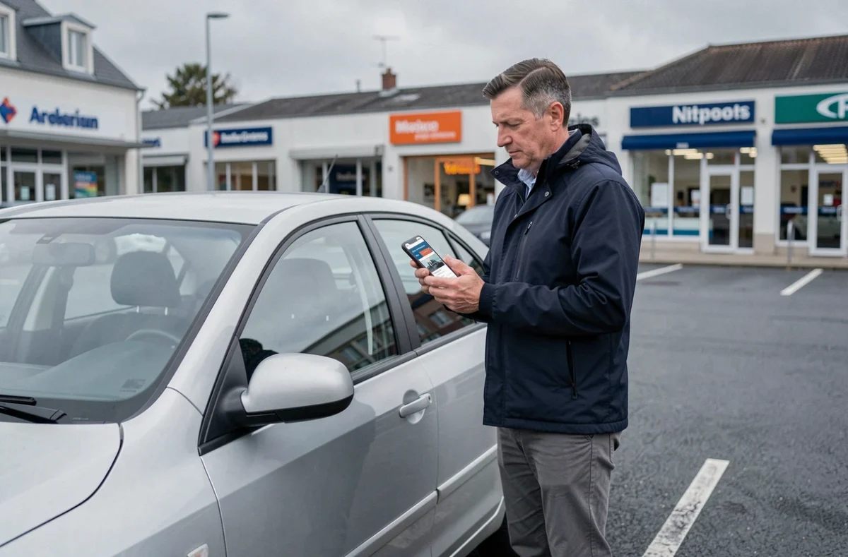 Homme debout près de sa voiture consultant une application de comparaison d'assurance auto sur smartphone