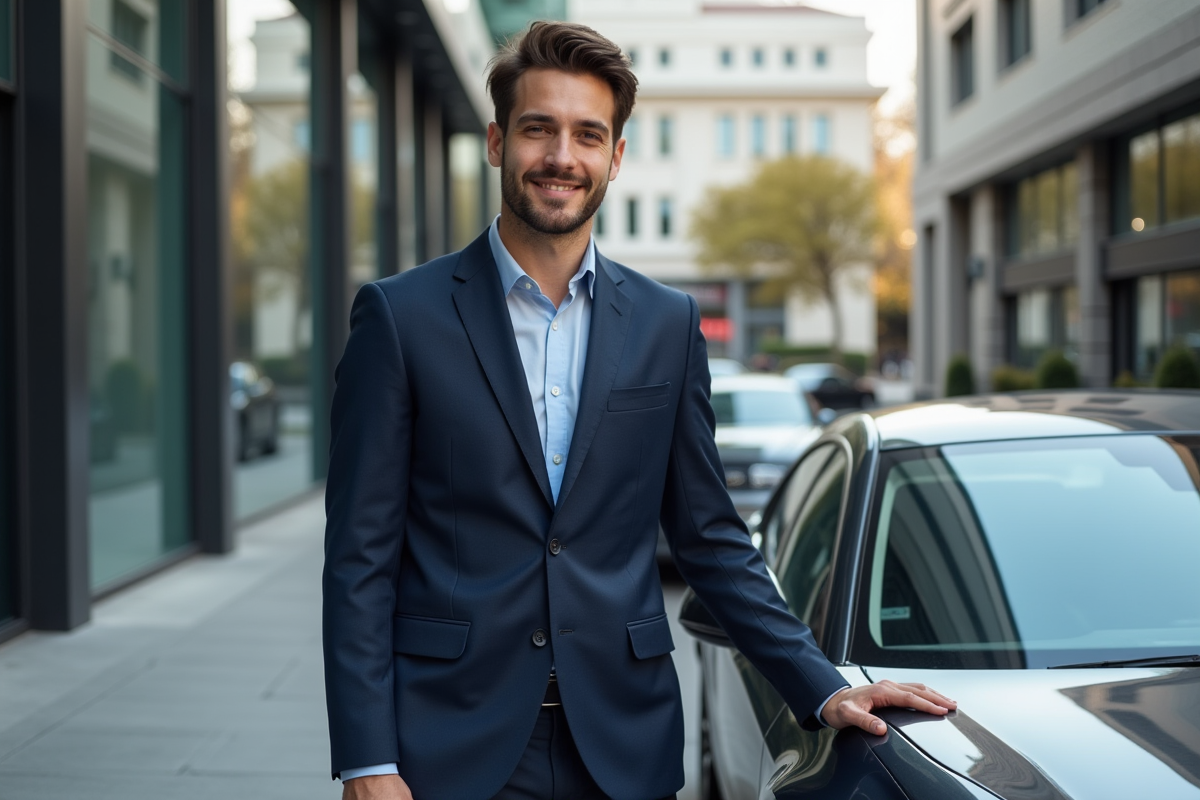 Jeune homme en costume avec voiture en ville