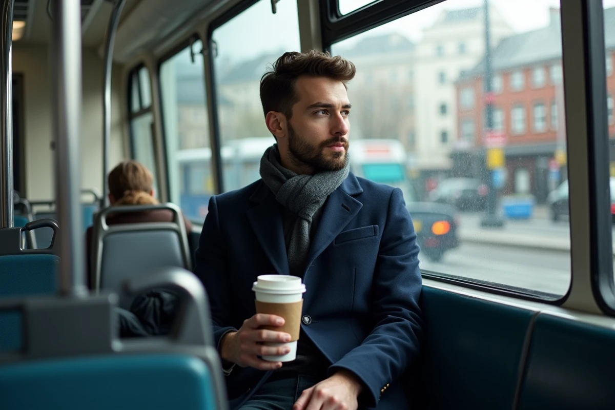 Jeune homme dans un tram regardant par la fenêtre