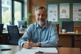 Homme d'âge moyen travaillant sur des papiers dans un bureau