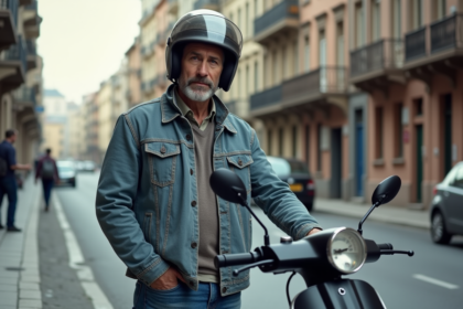 Homme d'âge moyen vérifiant le compteur d'un scooter en ville