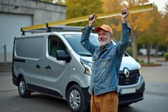 Homme mesurant la hauteur d'un Renault Trafic en extérieur