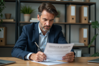 Homme en blazer vérifiant un certificat de cession dans son bureau
